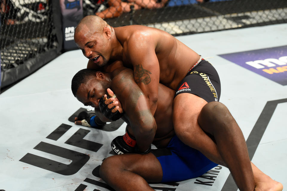 Daniel Cormier took down Anthony Johnson in their UFC light heavyweight championship bout at UFC 210 last year. (Getty Images)