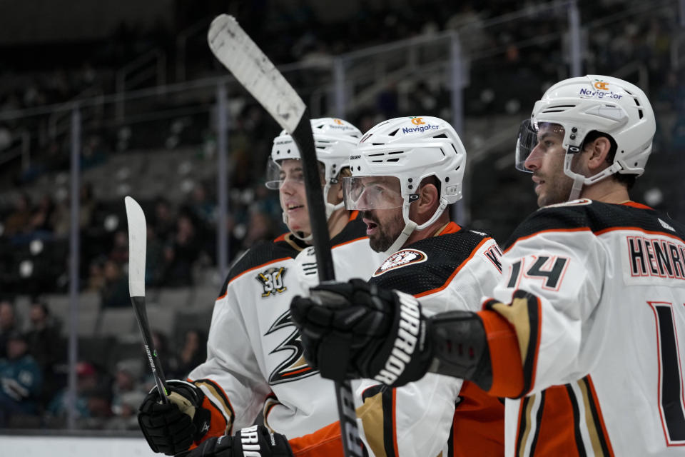 Anaheim Ducks left wing Alex Killorn, center, and teammates celebrate his goal against the San Jose Sharks during the second period of an NHL hockey game Thursday, Feb. 29, 2024, in San Jose, Calif. (AP Photo/Godofredo A. Vásquez)