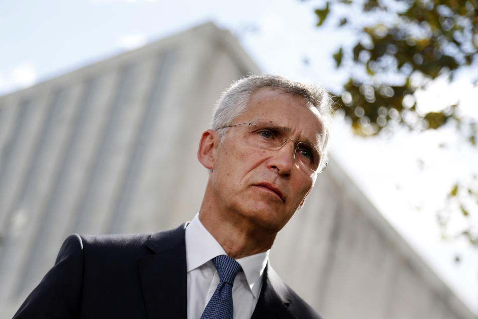 NATO Secretary-General Jens Stoltenberg gives an interview outside United Nations headquarters during the U.N. General Assembly, Tuesday, Sept. 24, 2019, in New York. (AP Photo/Jason DeCrow)