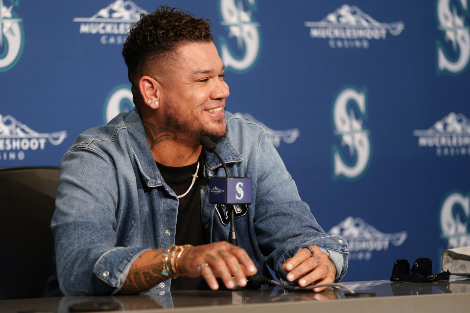 Former Seattle Mariners pitcher Felix Hernandez speaks during a media availability before a baseball game between the Mariners and the Baltimore Orioles, Friday, Aug. 11, 2023, in Seattle. Hernandez will be inducted into the Mariners Hall of Fame on Aug. 12. (AP Photo/Lindsey Wasson)