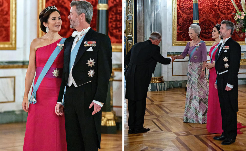 L: Princess Mary smiles at Prince Frederik in the palace. R: Queen Margerethe, Princess Mary and Prince Frederik greet guests