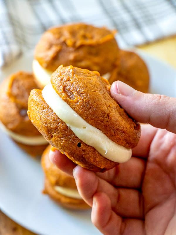 <p>Food Folks and Fun</p><p>The classic New England dessert gets an update with pumpkin, spices and maple! This pumpkin whoopie pie with maple cream cheese frosting recipe is the perfect fall dessert! </p><p><strong>Get the recipe: <em><a href="https://foodfolksandfun.net/pumpkin-whoopie-pies/" rel="nofollow noopener" target="_blank" data-ylk="slk:Pumpkin Whoopie Pies;elm:context_link;itc:0;sec:content-canvas" class="link ">Pumpkin Whoopie Pies</a></em></strong></p><p><strong>Related: <a href="https://www.yahoo.com/lifestyle/pumpkin-picking-season-best-pumpkin-141528510.html" data-ylk="slk:Best Pumpkin Patches Near You in Every State;elm:context_link;itc:0;sec:content-canvas;outcm:mb_qualified_link;_E:mb_qualified_link;ct:story;" class="link  yahoo-link">Best Pumpkin Patches Near You in Every State</a></strong></p>