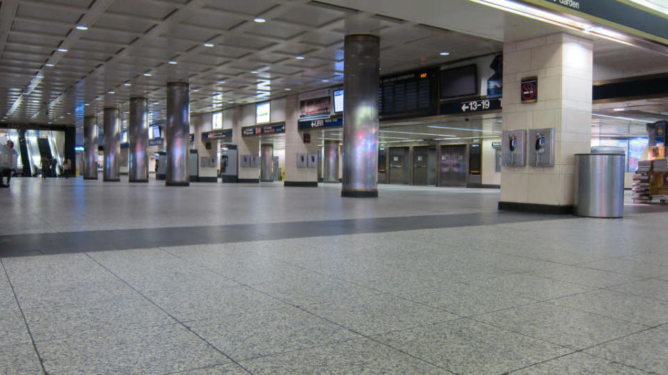 Like Grand Central, Penn Station was eerily empty on Sunday, October 28, 2012, after Mayor Bloomberg ordered a shutdown of the city's transit system ahead of Hurricane Sandy. (Aaron Donovan/MTA)