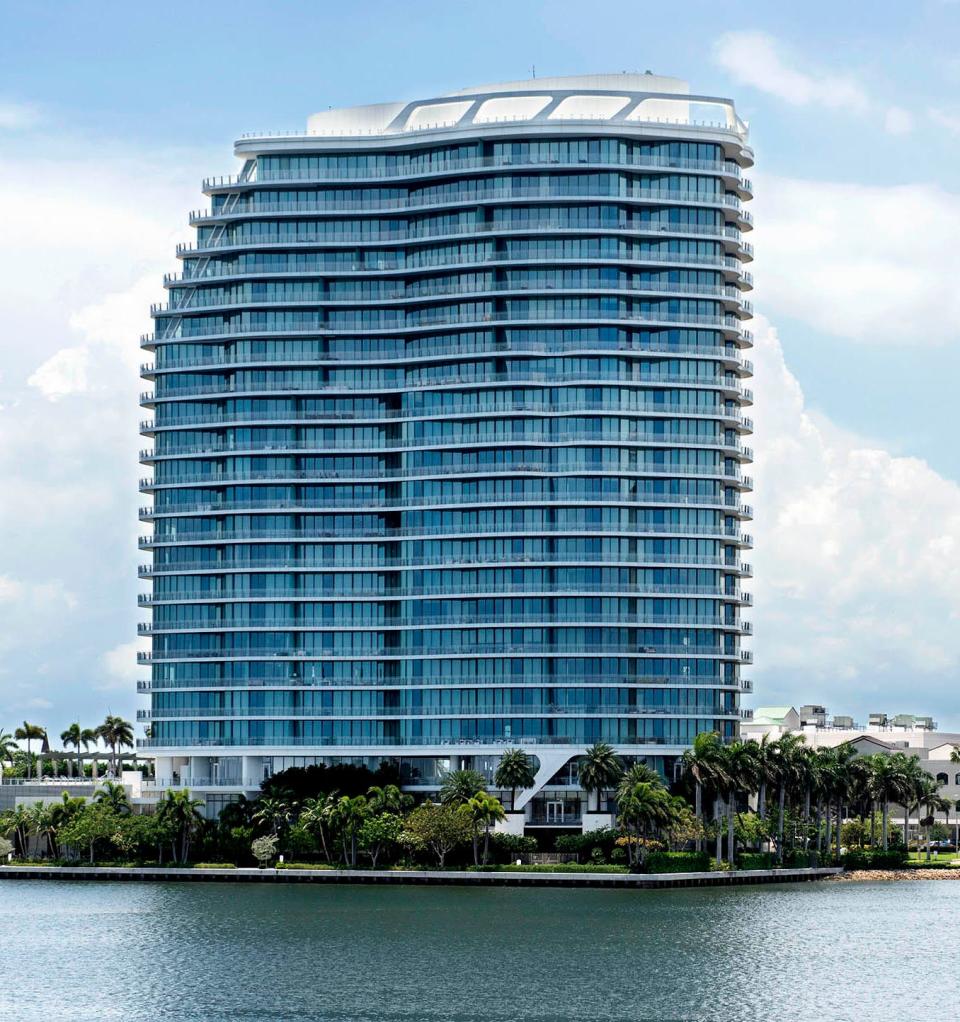 Viewed from Palm Beach, The Bristol ultra-luxury condominium tower stands on the South Flagler Drive waterfront in West Palm Beach.