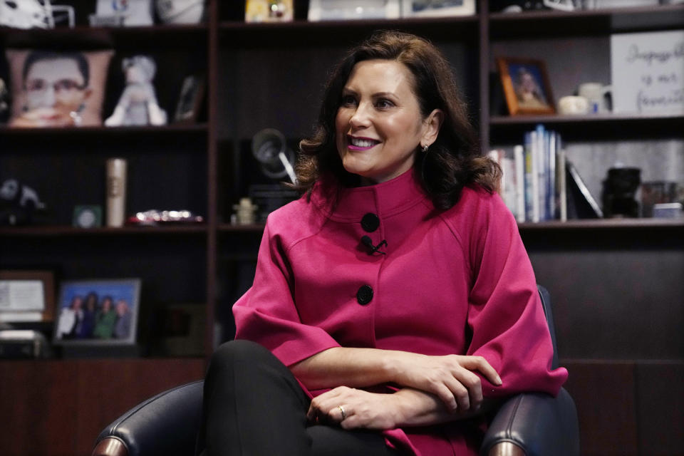 Michigan Gov. Gretchen Whitmer is interviewed by The Associated Press in her office, Thursday, Nov. 17, 2022, in Lansing, Mich. Fresh off a commanding reelection victory in one of the nation's premier swing states, the governor said she will remain focused on her post and not growing speculation she could mount a future presidential run, insisting that she's "never had interest in going to D.C." (AP Photo/Carlos Osorio)