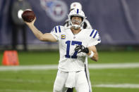 Indianapolis Colts quarterback Philip Rivers passes against the Tennessee Titans in the first half of an NFL football game Thursday, Nov. 12, 2020, in Nashville, Tenn. (AP Photo/Wade Payne)