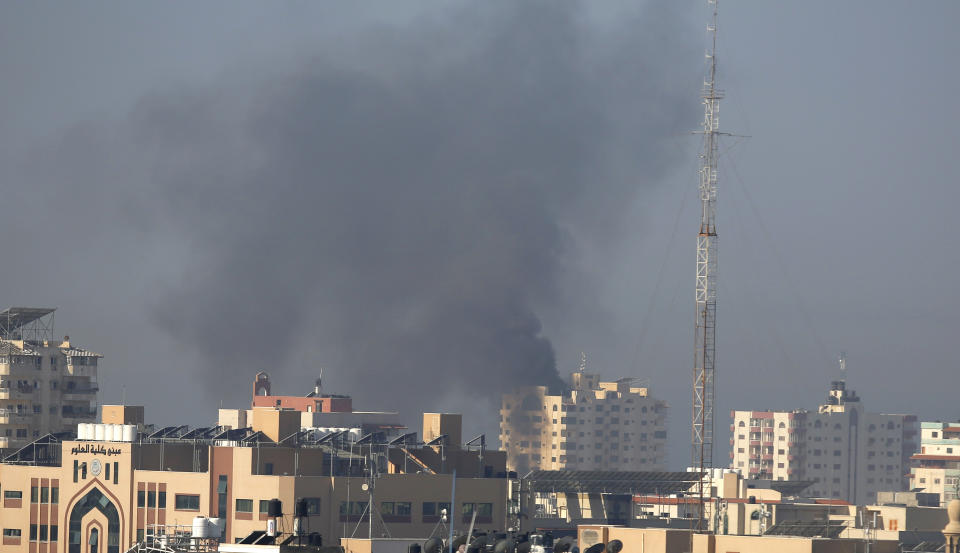 Smoke rises after an Israeli forces strike in Gaza City, Tuesday, Nov. 12, 2019. Israel killed a senior Islamic Jihad commander in Gaza early Tuesday in a resumption of pinpointed targeting that threatens a fierce round of cross-border violence with Palestinian militants. (AP Photo/Hatem Moussa)