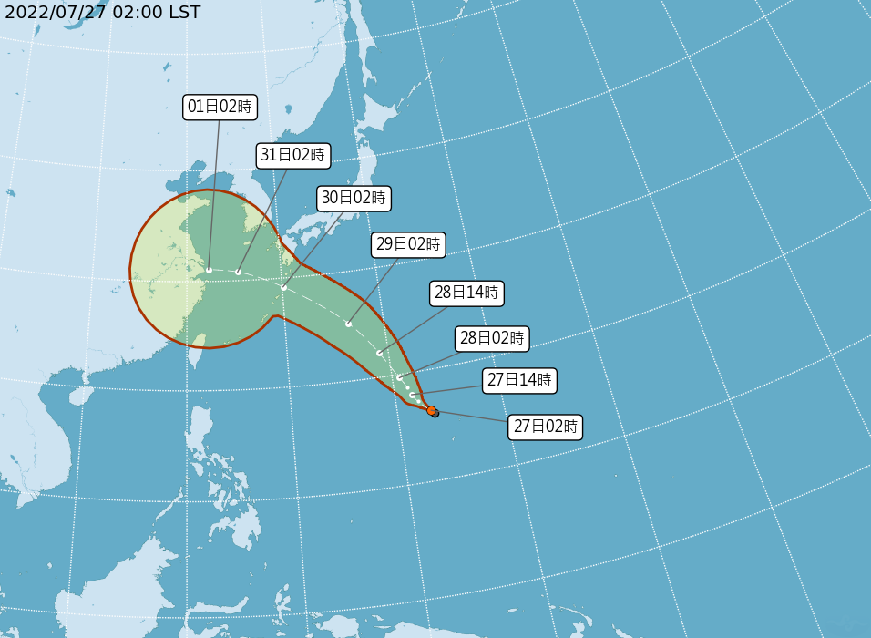 位於關島西北方海面的熱帶性低氣壓，預估今日晚間增強為輕度颱風。（中央氣象局提供）