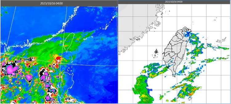 16日4時紅外線雲圖顯示，台灣上空有源自南海的中層雲(左圖)。16日4時雷達回波合成圖顯示，台灣上空的降水回波還不明顯(右圖)。取自氣象應用推廣基金會