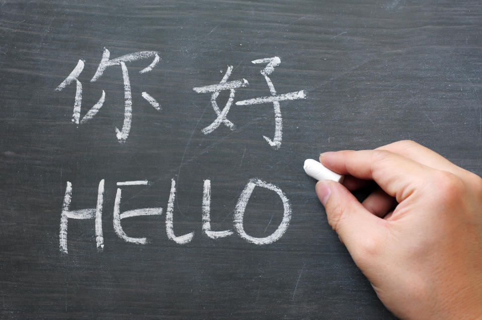 "Hello - word written on a smudged blackboard with a Chinese tranlation,with a hand holding chalk"