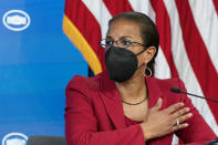 White House Domestic Policy director Susan Rice, speaks during a roundtable discussion attended by Vice President Kamala Harris, highlighting the disparities that Black women face in maternal health at the Eisenhower Executive Office Building on the White House complex in Washington, Tuesday, April 13, 2021. (AP Photo/Manuel Balce Ceneta)