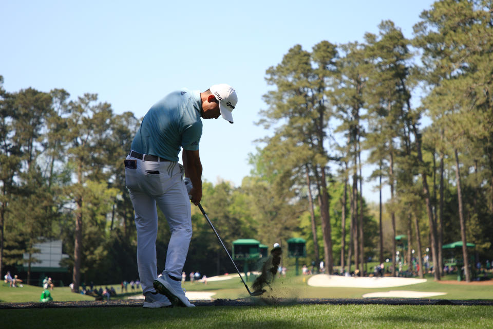 Collin Morikawa plays his shot from the 16th tee during a practice round prior to the Masters at Augusta National Golf Club on April 06, 2021 in Augusta, Georgia.