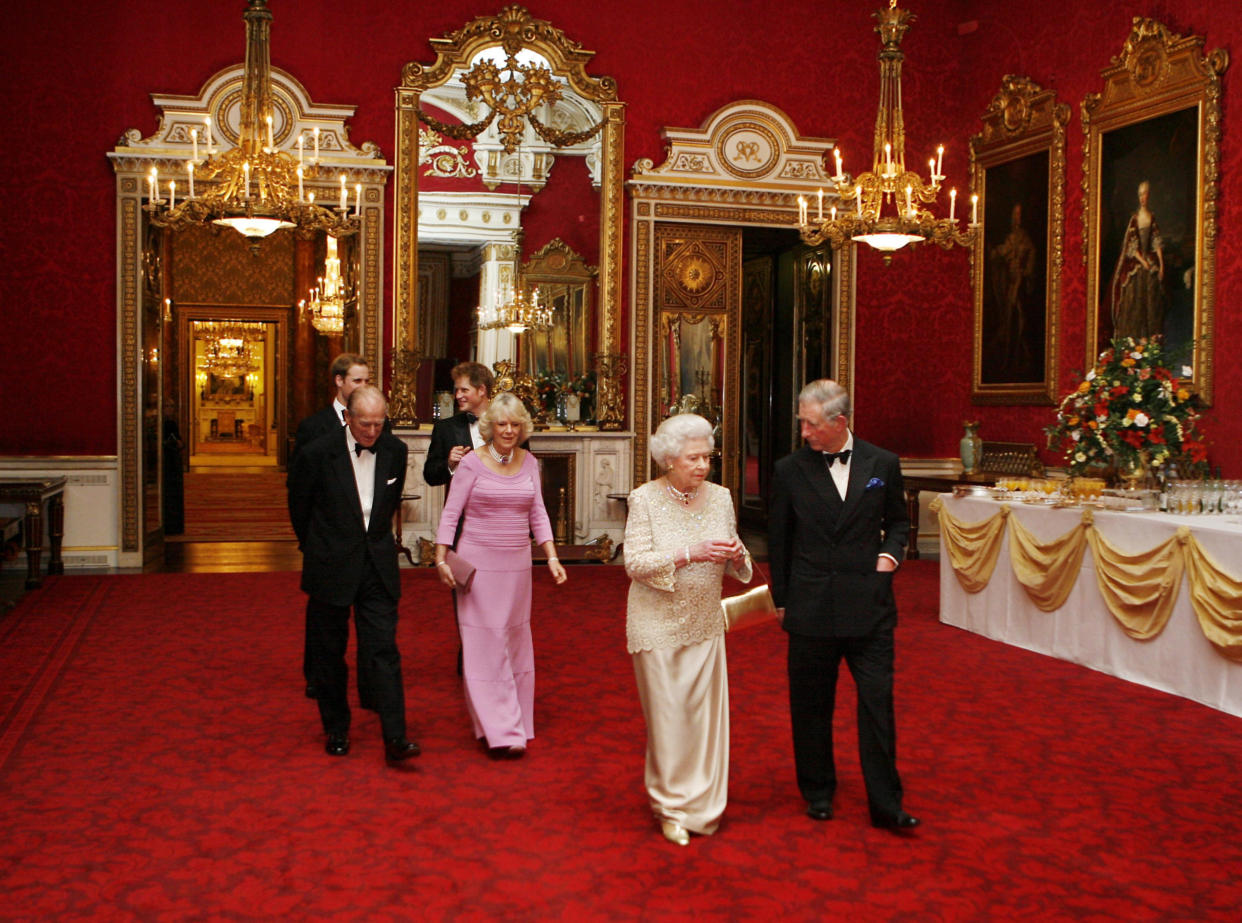 LONDON- NOVEMBER 13 : (NO PUBLICATION IN UK MEDIA FOR 28 DAYS)  Prince Charles, Prince of Wales and Queen Elizabeth ll, followed by  Prince Philip, Duke of Edinburgh,  Camilla, Duchess of Cornwall, Prince William and Prince Harry arrive to attend a private reception and concert hosted by the Queen at Buckingham Palace as part of Prince Charles's 60th birthday celebrations on November 13, 2008 in London, England.   (Photo by Pool/Anwar Hussein Collection/WireImage) 