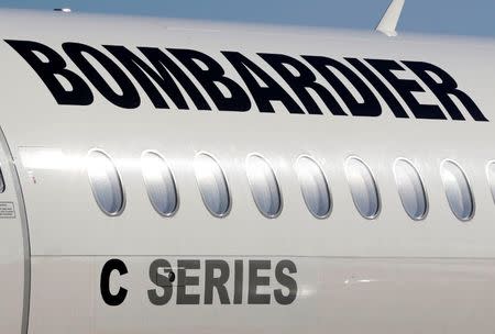 A Bombardier CSeries aircraft is pictured during a news conference to announce a partnership between Airbus and Bombardier on the C Series aircraft programme, in Colomiers near Toulouse, France, October 17, 2017. REUTERS/Regis Duvignau