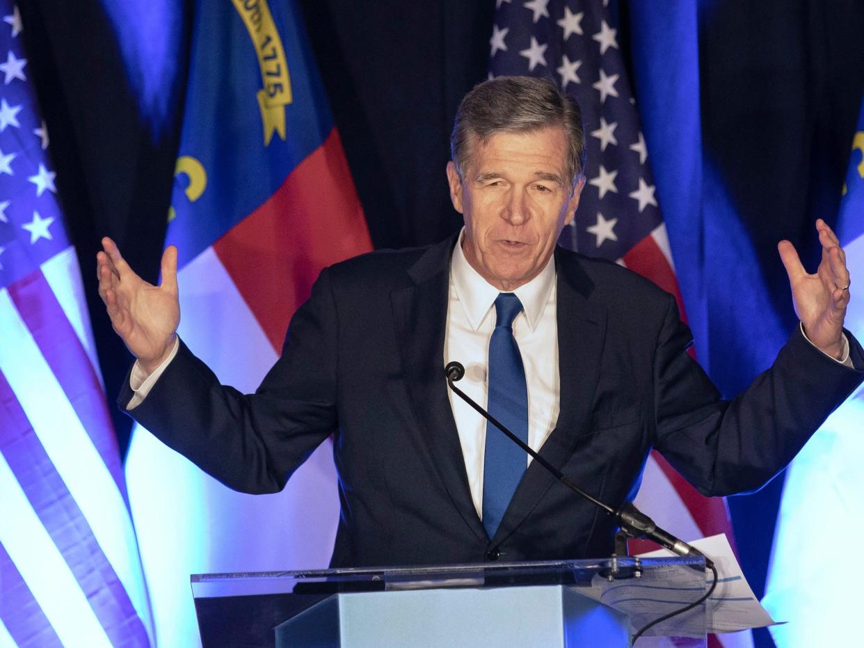 North Carolina Gov. Roy Cooper speaks at a primary election night event hosted by the North Carolina Democratic Party in Raleigh, North Carolina, on May 17, 2022.