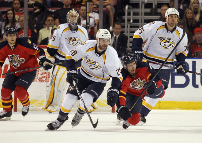 SUNRISE, FL - MARCH 03: Paul Gaustad #28 of the Nashville Predators skates in his first game as a Predator against the Florida Panthers at the BankAtlantic Center on March 3, 2012 in Sunrise, Florida. (Photo by Bruce Bennett/Getty Images)