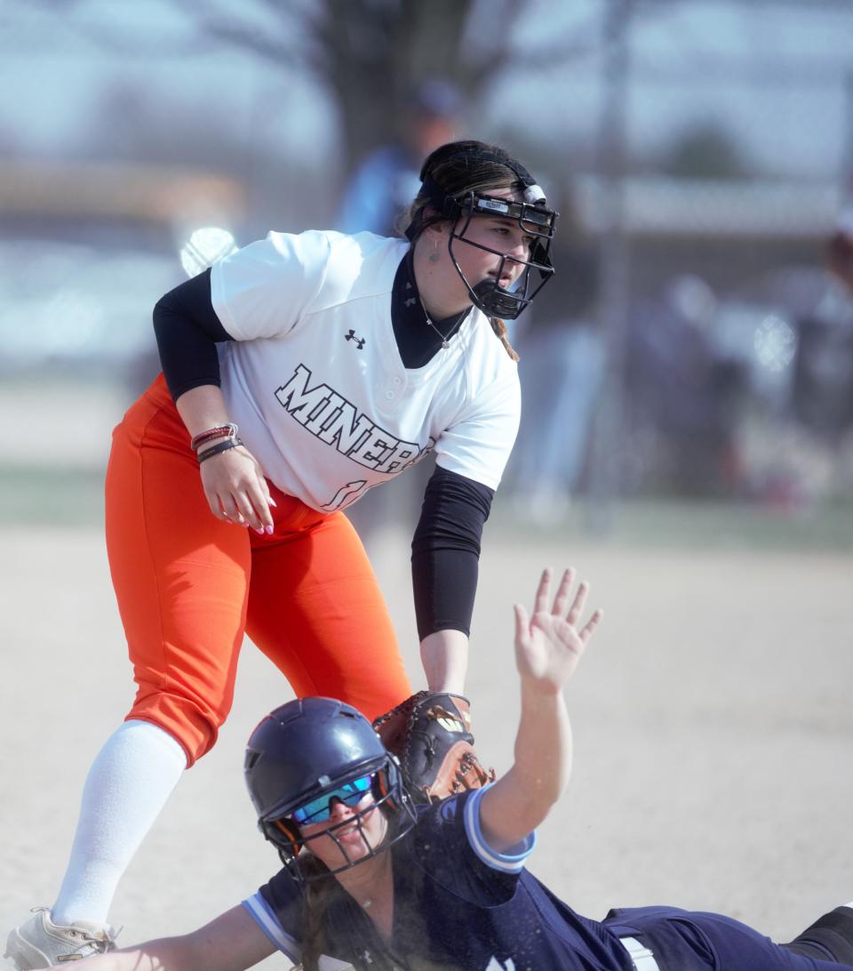 Gillespie's Wrigley Releford applies the tag against Stanford Olympia's Shelby Finchum during a softball game at University of Illinois Springfield on Saturday, March 30, 2024.