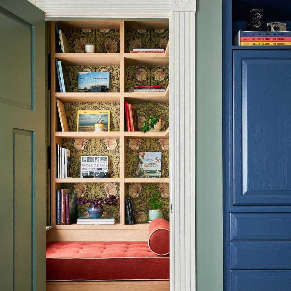 a window with a blue door