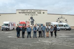 Tony Fairweather, SEA Electric president and founder (center left) and the SEA Electric US-based global headquarters team, in Los Angeles, with current SEA-Drive®-equipped vehicles (from left): SEA Sprinter Cutaway EV, SEA Hino M5 EV, SEA Hino M5 EV - Chassis, SEA Ford Transit EV - Cutaway, and SEA Ford Transit EV - Shuttle.