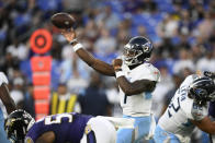 Tennessee Titans quarterback Malik Willis throws a pass against the Baltimore Ravens during the first half of an NFL football game, Thursday, Aug. 11, 2022, in Baltimore. (AP Photo/Nick Wass)