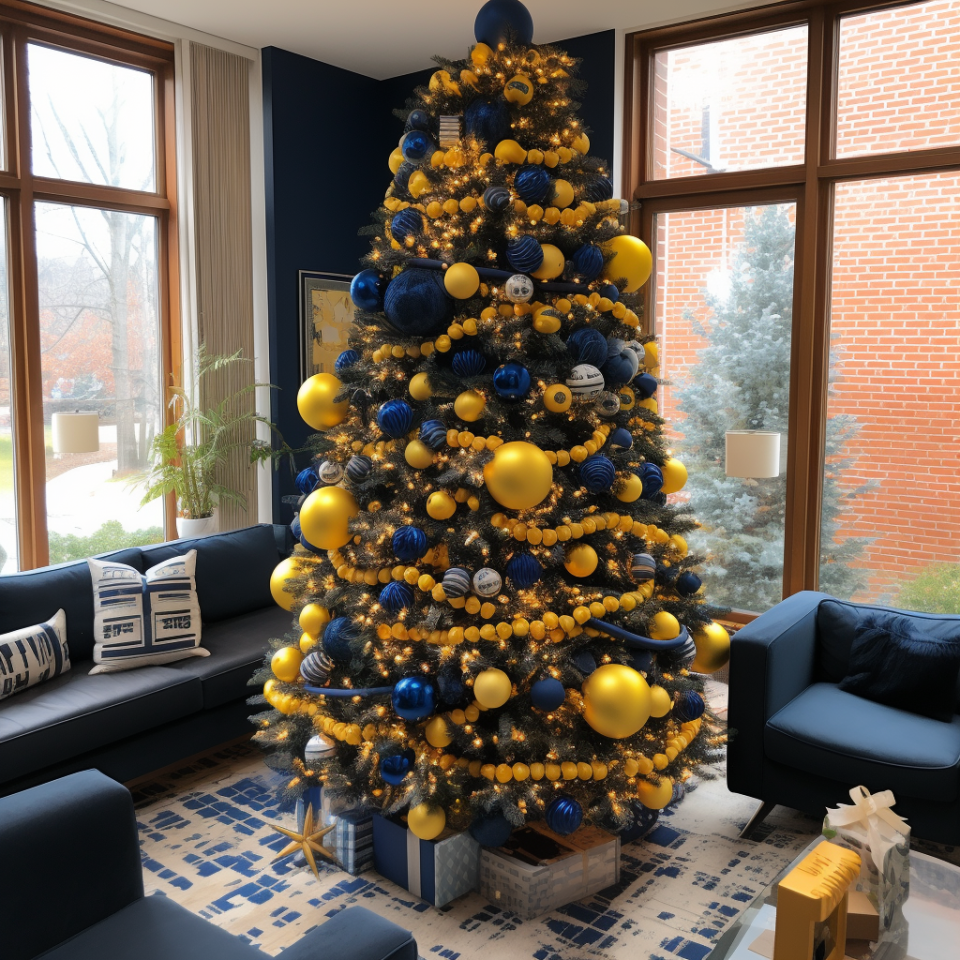 A Christmas tree with gold lights, various bulb ornaments, including one at the very top, and strings of a coordinating garland