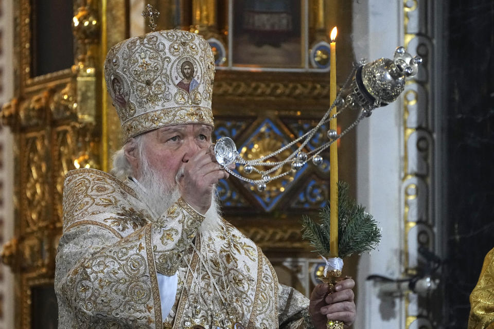 Russian Orthodox Patriarch Kirill delivers a Christmas service in the Christ the Saviour Cathedral in Moscow, Russia, Friday, Jan. 6, 2023. Orthodox Christians celebrate Christmas on Jan. 7, in accordance with the Julian calendar. (AP Photo/Alexander Zemlianichenko, Pool)