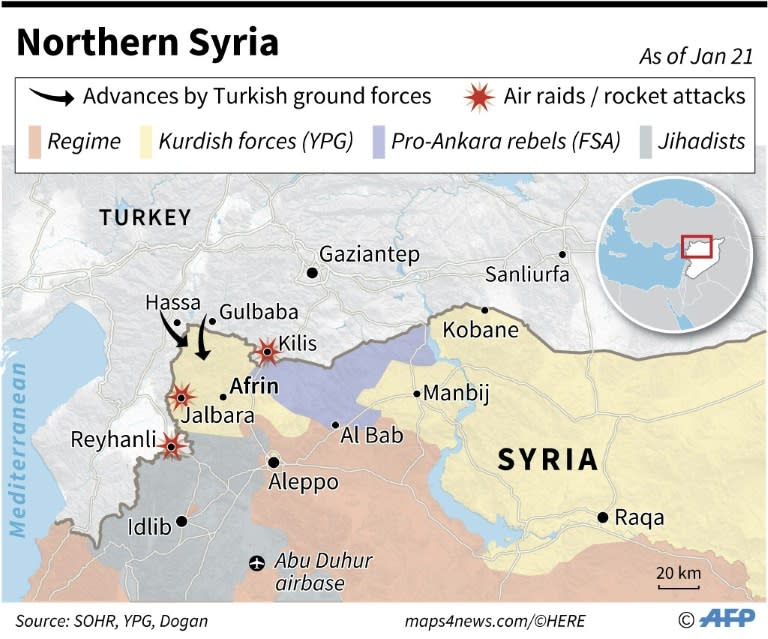 Map of northwestern Syria showing invasion by Turkish forces, reported attacks and zones controlled by various factions