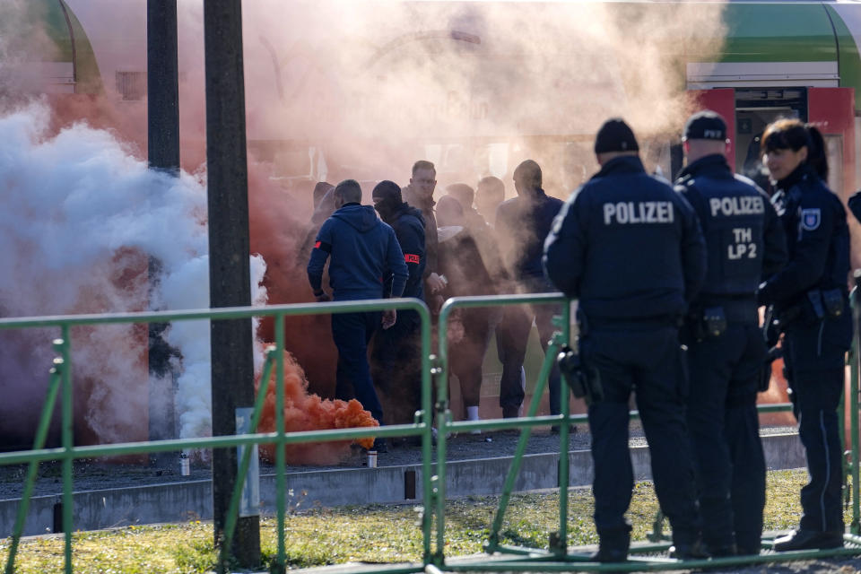 FILE - Hundreds of German local state police and federal police practice tactics in preparation for the European Championship in the village of Stützerbach, in Ilmenau, Germany, April 23, 2024. A recent surge in violence around soccer games is contributing to alarm over security when Germany hosts the European Championship. Some 22,000 police officers will be on duty each day for the tournament. (AP Photo/Ebrahim Noroozi, File)