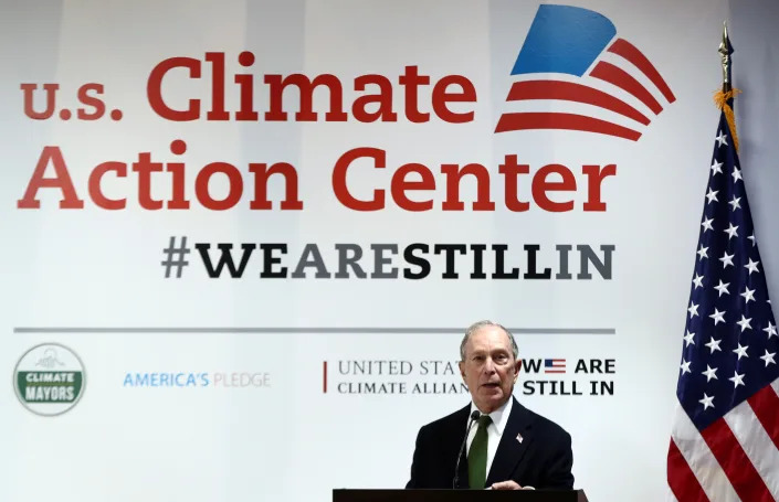 Michael Bloomberg speaks at a podium during a panel at the U.N. Climate Change Conference in Madrid in 2019.