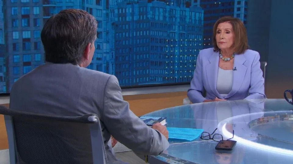 PHOTO: Nancy Pelosi speaks with George Stephanopoulos on 'Good Morning America,' Aug. 5, 2024. (ABC News)