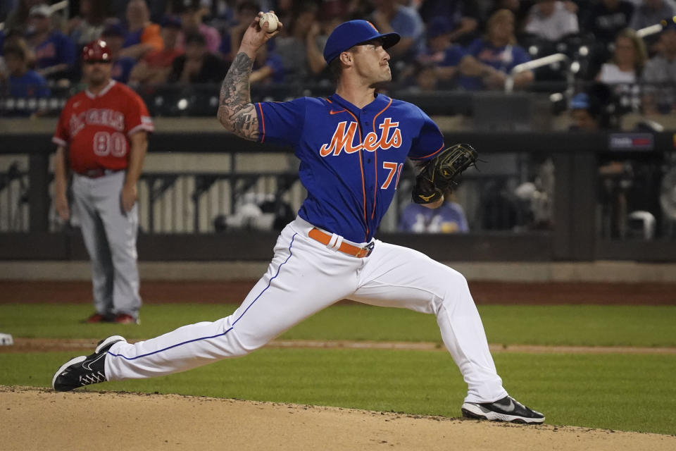 New York Mets' Sean Reid-Foley pitches during the second inning of a baseball game against the Los Angeles Angels, Saturday, Aug. 26, 2023, in New York. (AP Photo/Bebeto Matthews)