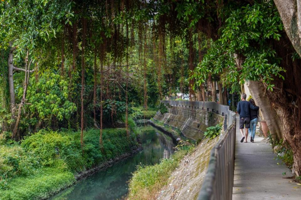 清澈的河道與綠意盎然河岸步道串聯蝴蝶生態園區是傍晚時分在地居民的最佳休憩點。（新北市水利局提供）