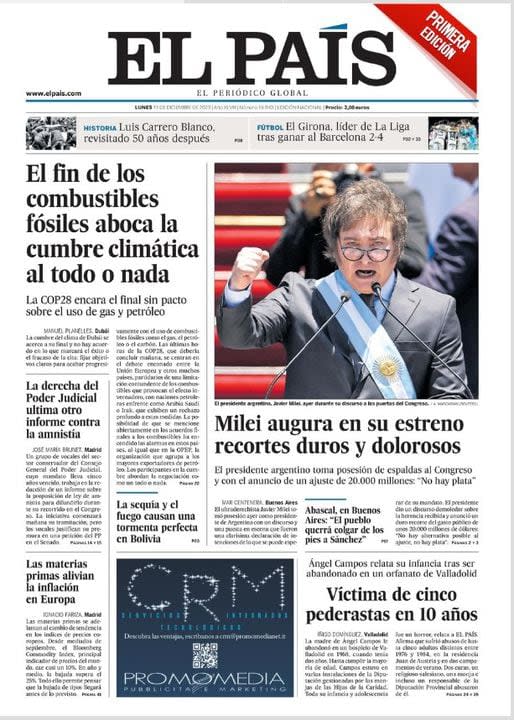 La tapa de la edición impresa de el diario El País: 