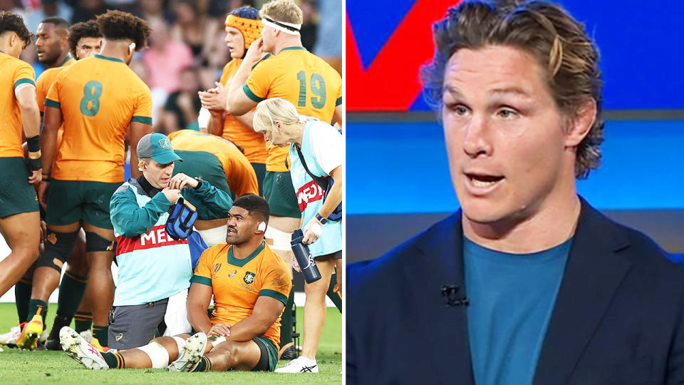 Michael Hooper, pictured here in the TV studio in Sydney while the Wallabies were losing to Fiji at the Rugby World Cup. 