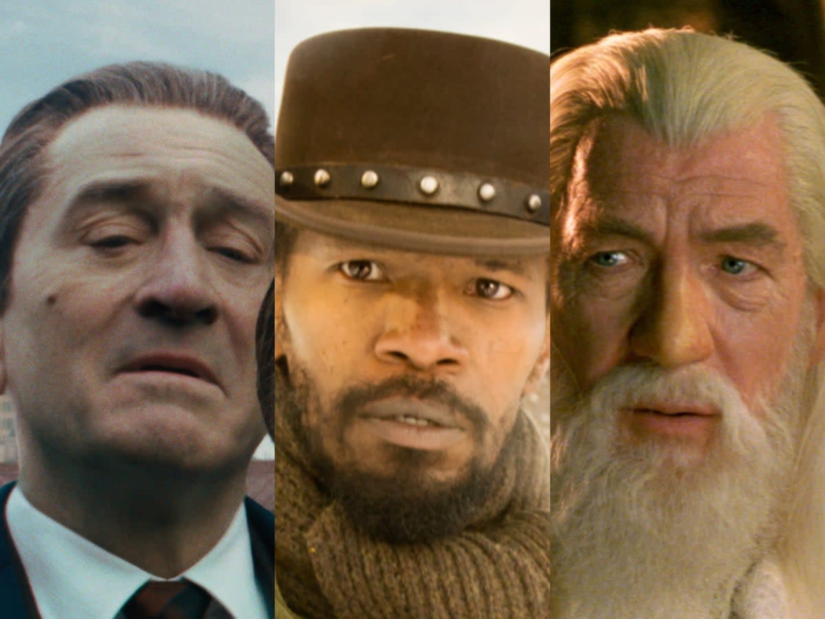Robert De Niro in ‘The Irishman’, Jamie Foxx in ‘Django Unchained’ and Ian McKellen in ‘Lord of the Rings’ (Netflix/Sony/New Line Cinema)