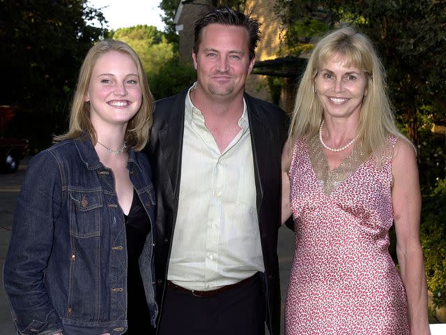 <p>Gregg DeGuire/WireImage</p> Matthew Perry with mom Suzanne and sister Emily during LA Kings & the Canadian Community Pay Tribute to Garnet "Ace" Bailey.