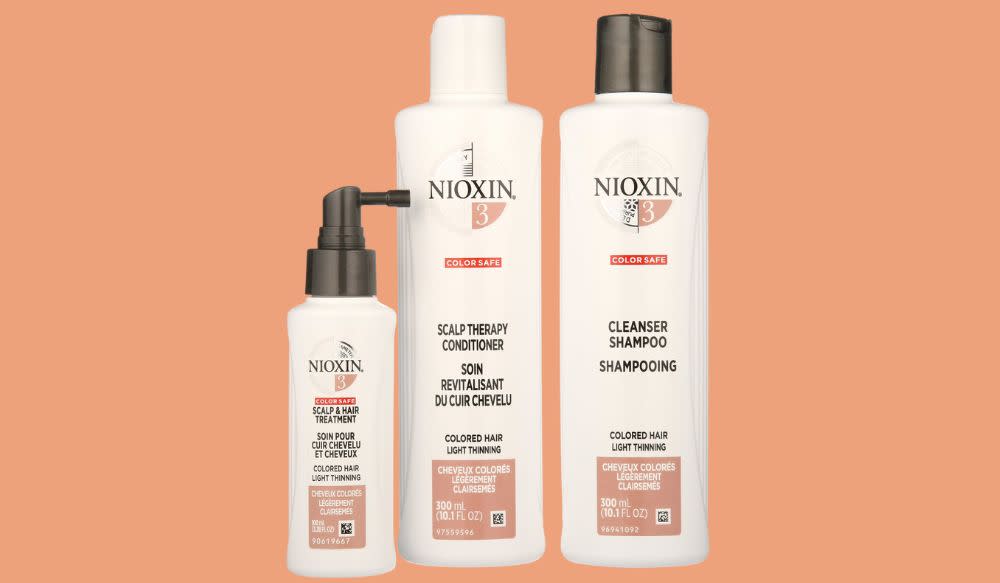 A three-pack of Nioxin 3 scalp and hair treatment, scalp therapy conditioner and cleanser shampoo.
