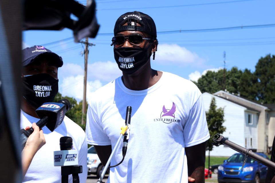 Timberwolves forward Jarred Vanderbilt stops by a food giveaway at the Louisville Urban League on Aug. 15, 2020. The event was coordinated by Until Freedom, a New York-based social justice organization, and involved several local groups, including No Justice No Peace Louisville and the Kentucky Alliance Against Racist and Political Repression.