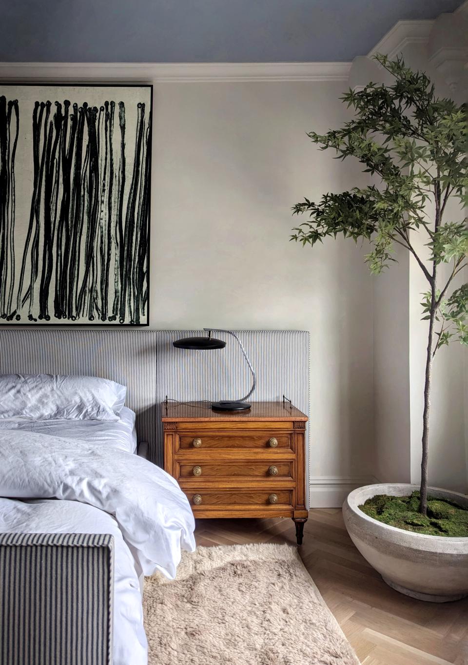 indoor tree in calm neutral bedroom