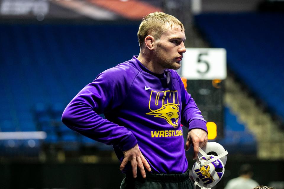 Northern Iowa's Cael Happel talks with teammates during the practice session of the NCAA Division I Wrestling Championships, Wednesday, March 15, 2023, at BOK Center in Tulsa, Okla.