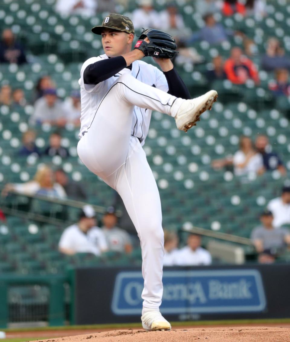 Detroit Tigers starter Tarik Skubal (29) pitches against the Chicago Cubs during first inning action Friday, May 14 2021 at Comerica Park in Detroit, MI.