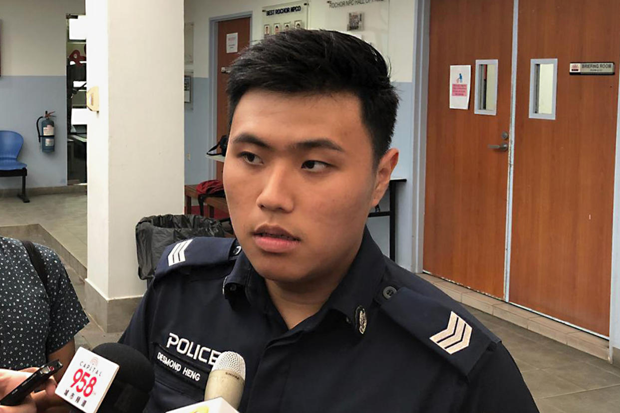 Sgt Desmond Heng, 25, speaks to reporters on Tuesday, 2 October 2018. Heng went into Rochor Canal to pull out a drunken suspect. PHOTO: Nicholas Yong/Yahoo News Singapore