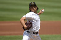 Chicago Cubs starting pitcher Shota Imanaga delivers during the first inning of a baseball game against the Pittsburgh Pirates, Saturday, May 18, 2024, in Chicago. (AP Photo/Charles Rex Arbogast)
