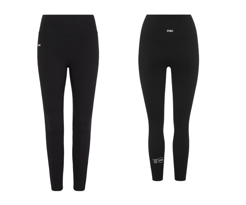 Two pairs of black stax leggings against a white background.