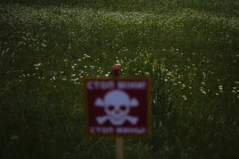 Flowers in a field near a poster warning about mines in Lypivka, on the outskirts of Kyiv, Ukraine, Tuesday, June 14, 2022. Russia’s invasion of Ukraine is spreading a deadly litter of mines, bombs and other explosive devices that will endanger civilian lives and limbs long after the fighting stops. (AP Photo/Natacha Pisarenko)