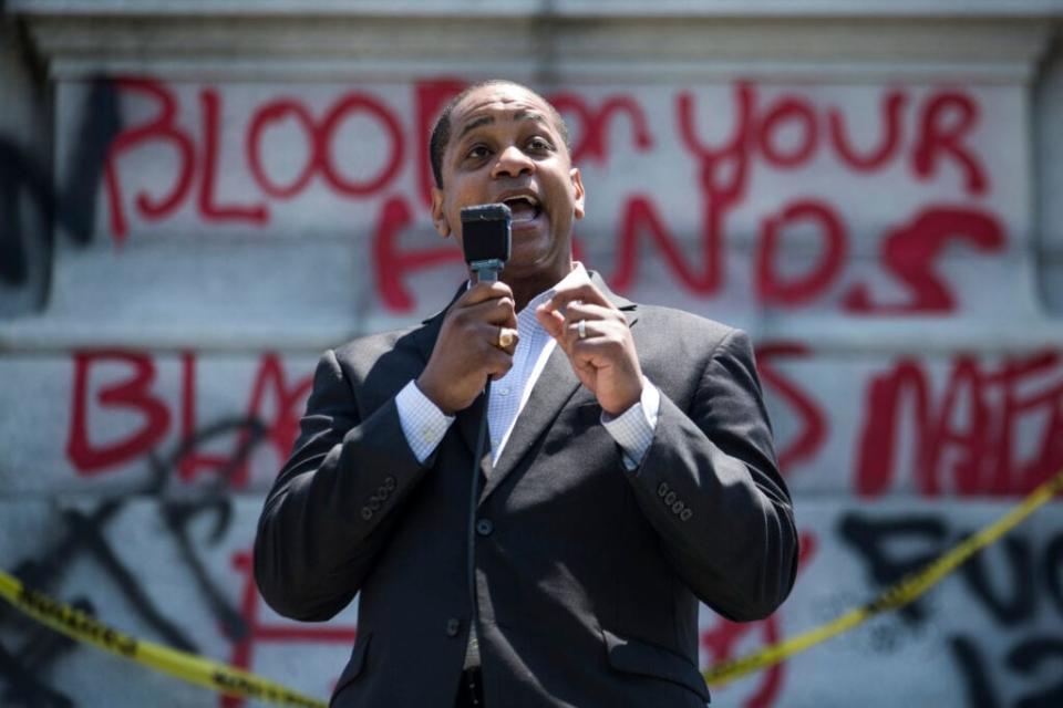 Virginia Lieutenant Gov. Justin Fairfax speaks to demonstrators in front of a statue of Confederate General Robert E. Lee is pictured on June 4, 2020 in Richmond, Virginia.(Photo by Zach Gibson/Getty Images)