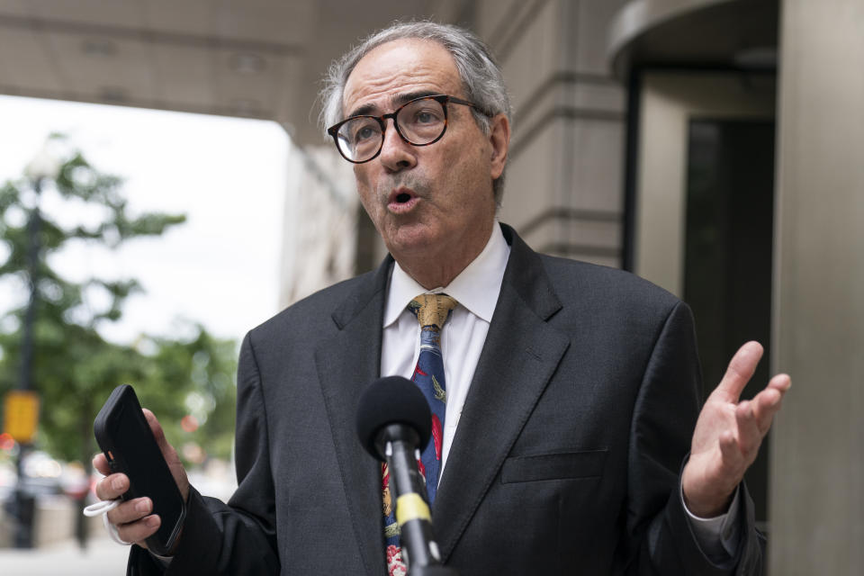 Attorney Ed Tarpley, speaks with reporters as he departs federal court, Wednesday, Sept. 7, 2022, in Washington. Tarpley filled a motion to represent Stewart Rhodes in the high-profile seditious conspiracy trial for the leader of the far-right Oath Keepers extremist group. U.S. District Judge Amit Mehta rejected a last-minute bid to replace his attorneys and delay his case. Mehta said Rhodes' suggestion that his lawyers are not providing effective counsel appear to be “complete and utter nonsense” and questioned why concerns about his lawyers are surfacing for the first time just weeks before trial. “The notion that you are going to create the kind of havoc that you will — and havoc is the only appropriate word I can think of — by moving Mr. Rhodes' trial, not going to happen,” Mehta told Tarpley whom Rhodes wanted as his new lawyer. (AP Photo/Alex Brandon)