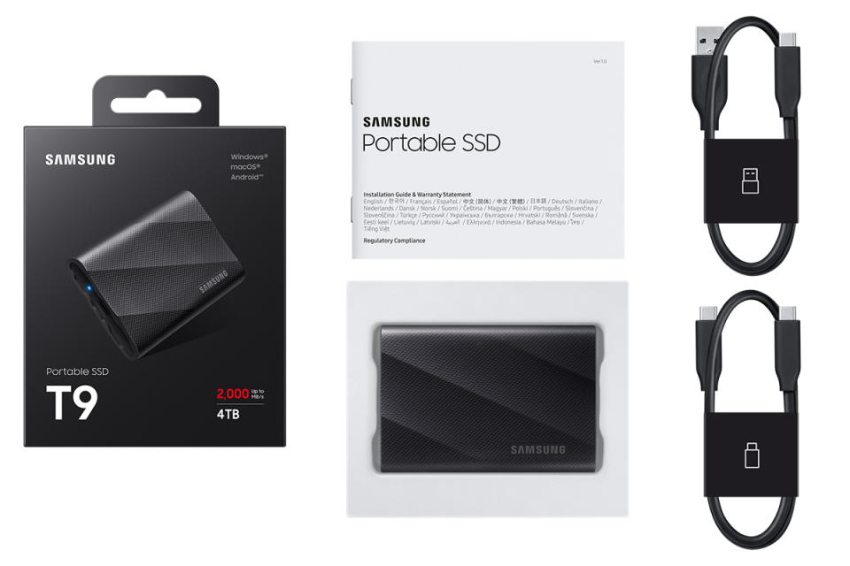 Marketing image for the Samsung T9 SSD. From left to right: product box, manual and drive (in packaging), two cables