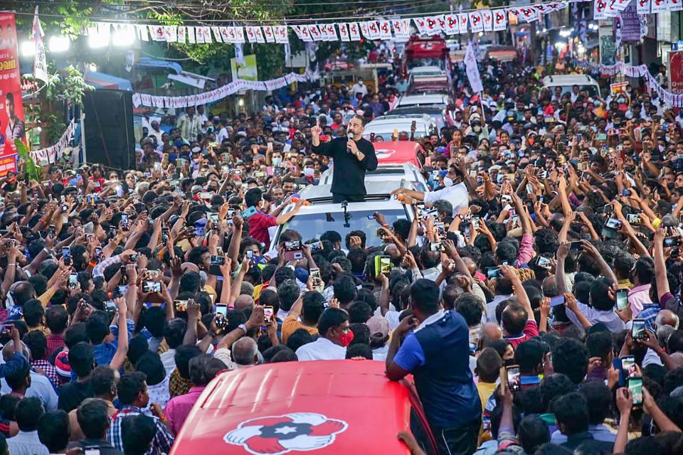 Actor turn politician Makkal Needhi Maiyam (MNM) President Kamal Haasan addressed a rally during an election campaign, in Coimbatore, Sunday, 10 January, 2021.