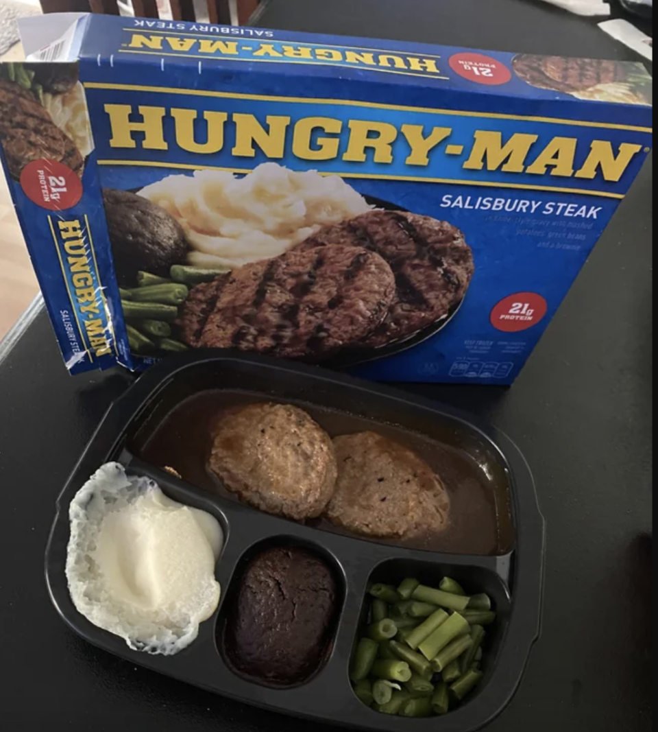 A Salisbury Steak frozen dinner.